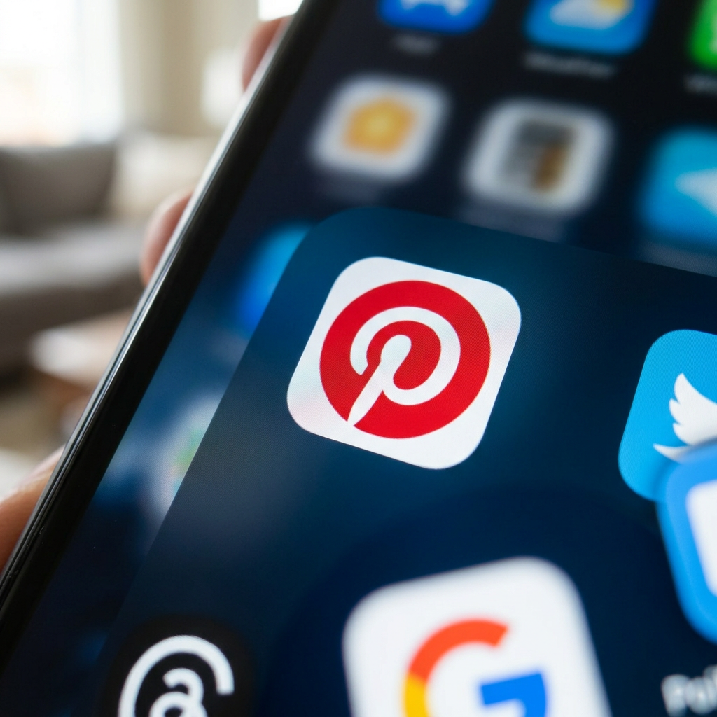 Pinterest app icon with red pin on white square background on smartphone screen
