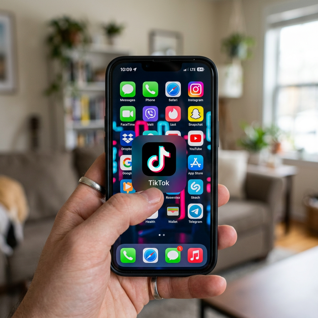 Hand holding smartphone with TikTok app icon highlighted on screen